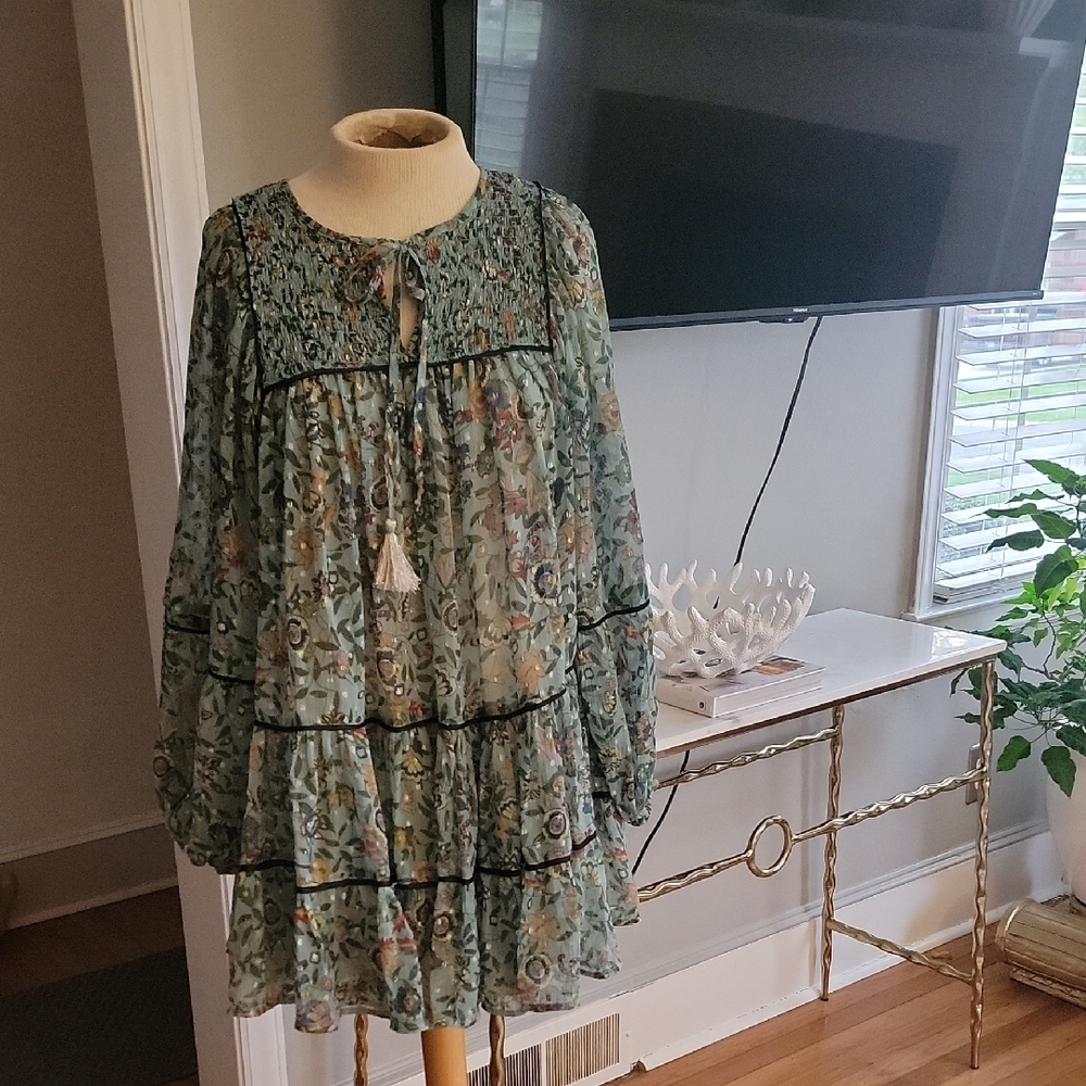 Free People Green Floral Long Sleeve Smocked Tunic Dress